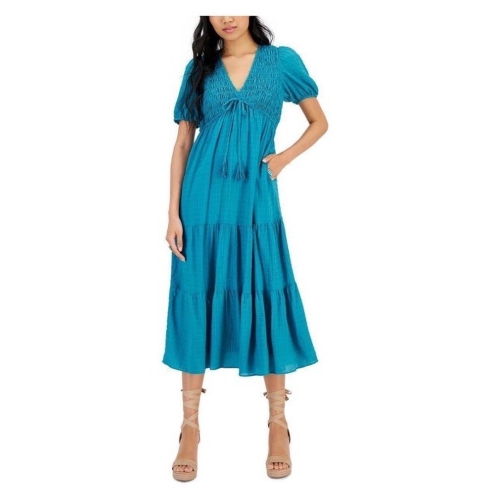 Taylor Teal Smocked Tiered‎ Maxi Dress Short Puff Sleeve V-Neck Tassel Size L